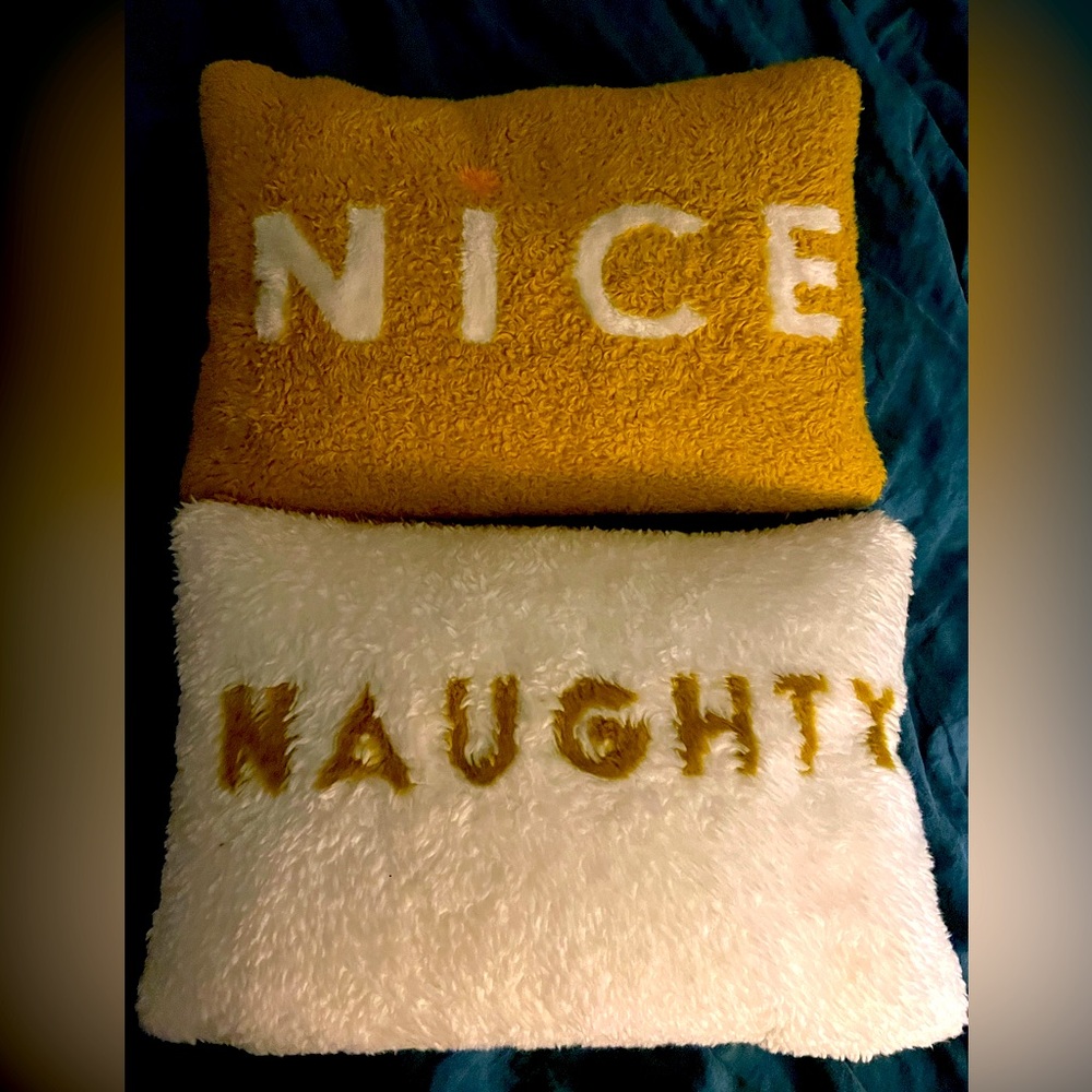 Faux fur down filled pair of pillows naughty/nice